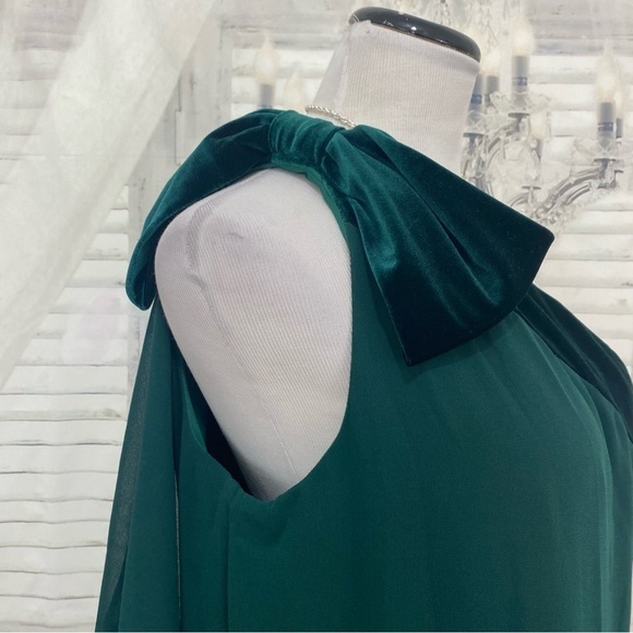 NEW Lauren Ralph Lauren Solid Green Chiffon Velvet One Shoulder Cocktail Dress - Picture 7 of 12
